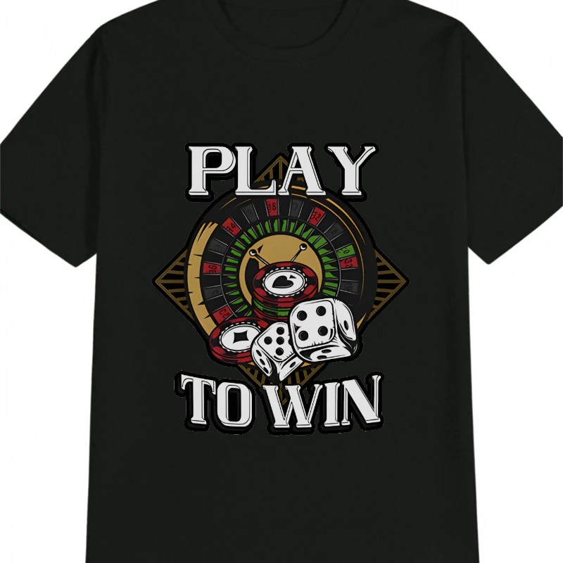 

Men'S Casual Crew Neck Cotton T-Shirt with Roulette Dice Graphic PLAY TO WIN Design Black with Colorful Wheel Die Illustrations