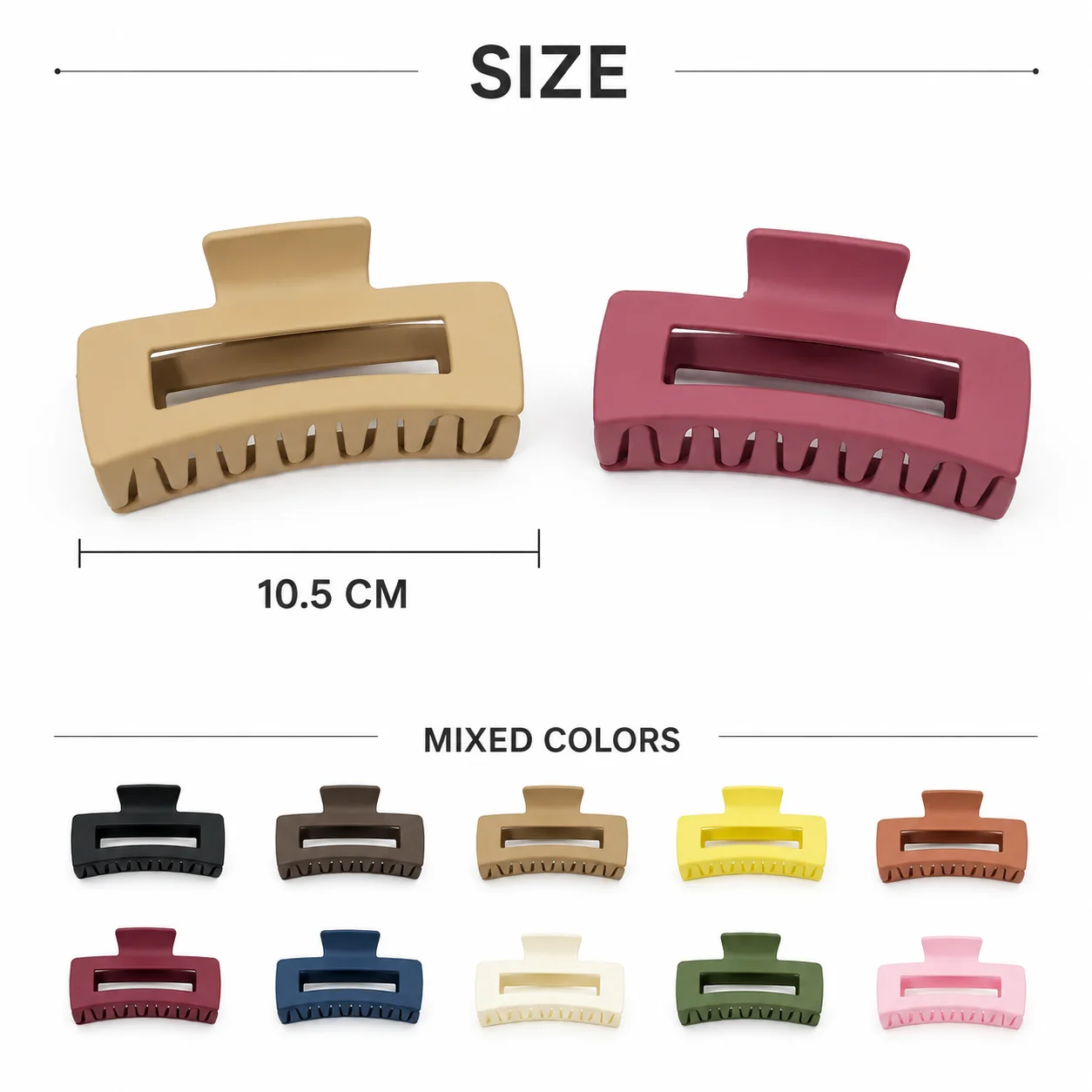 2Pcs Large Rectangle Hair Claw Clips for Women, Matte Non-Slip Strong Hold Jaw Clips, Mixed Color Hair Accessories for Thick and Thin Hair