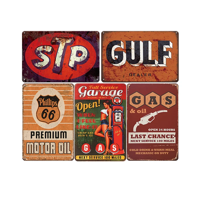 

5pcs Vintage Metal Tin Signs - Retro Gas & Oil Advertising Wall Art Plaques - Classic Decor for Garage, Man Cave, Bar,8x12in