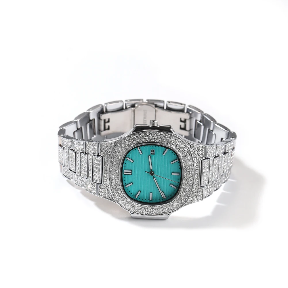 UWIN-Montre-bracelet ronde à quartz avec biscuits glacé, cadran turquoise, alliage de luxe, cadeau de Noël, mode