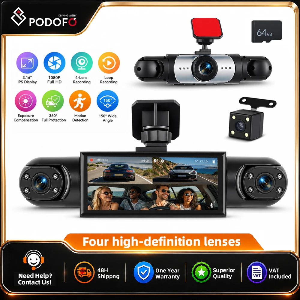 Podofo 3.16-calowy wideorejestrator samochodowy, czarna skrzynka samochodowa 1080P z noktowizorem, kamera samochodowa z kamerami wewnętrznymi 480P (lewa, prawa i tylna), akcesoria samochodowe