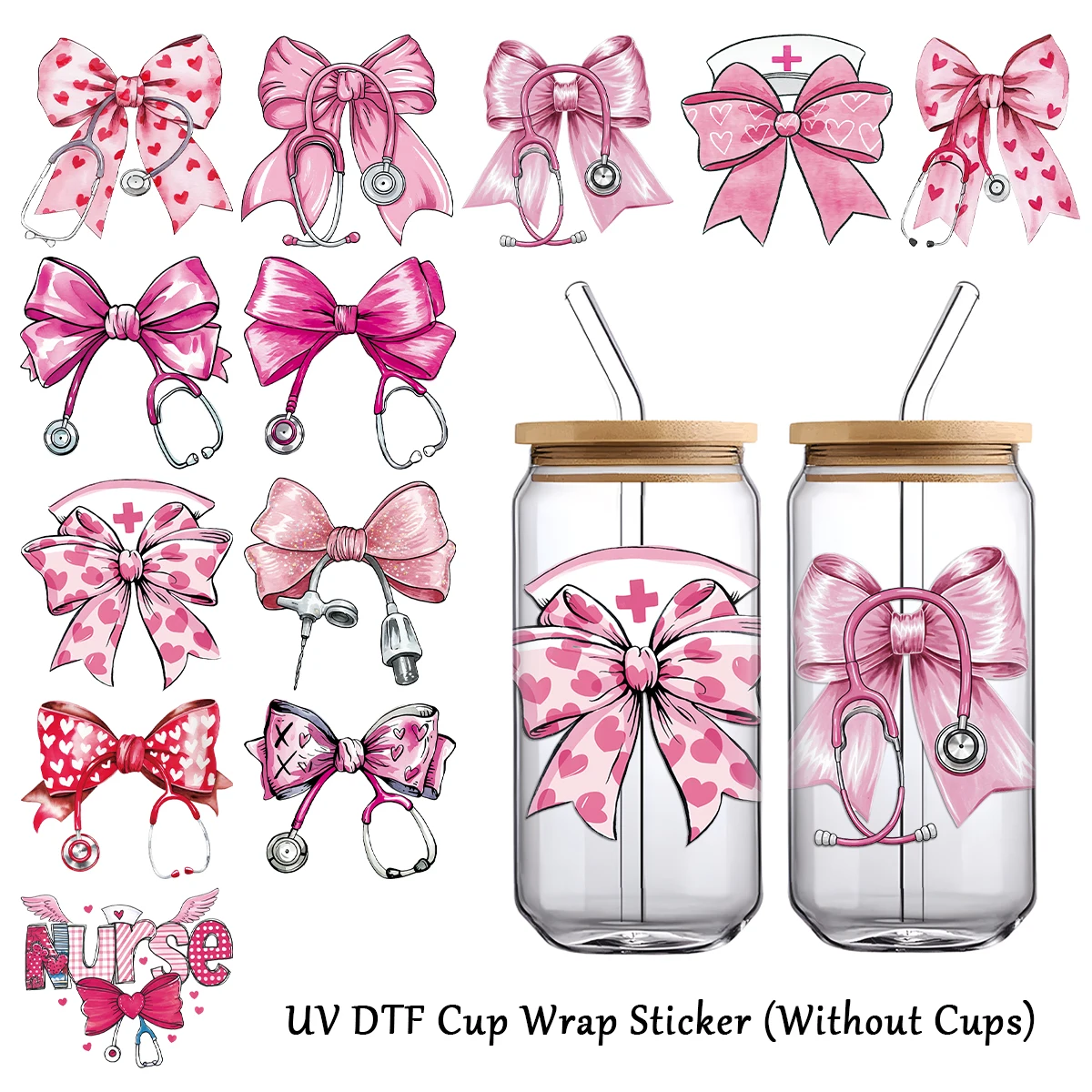 12 Stück Aufkleber mit Krankenschwester-Tag-Motiv, rosa Schleife, UV-DTF-Transferaufkleber für Gläser, Wasserflaschen, Partyzubehör, DIY-Bastelarbeiten, Dekoration