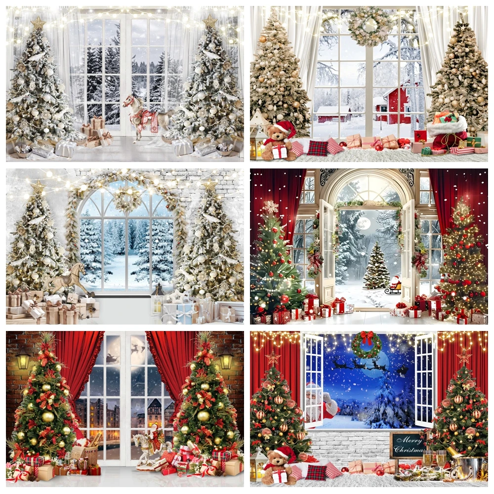 Christmas Backdrop Winter Window Snow Xmas Tree Gift Kids Portrait Family Holiday Party Photography Background Decor Photo Studi