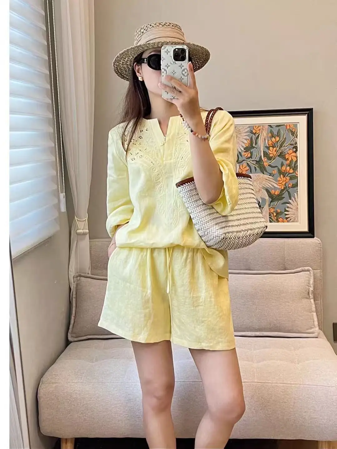 

Женский летний комплект из чистого льна с вышивкой, однотонный, короткий