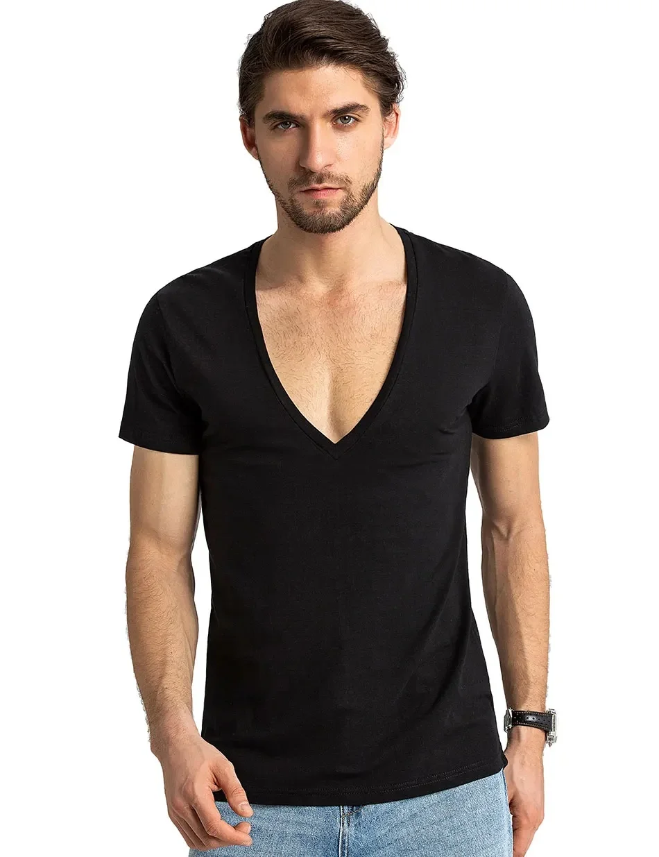 Koszulka męska z głębokim dekoltem w szpic Koszulka męska z niewidocznym podkoszulkiem Męski niski dekolt w szpic Szeroka koszulka w kształcie litery V Model Scoop Hem Slim Fit Krótki rękaw — zdjęcie 2