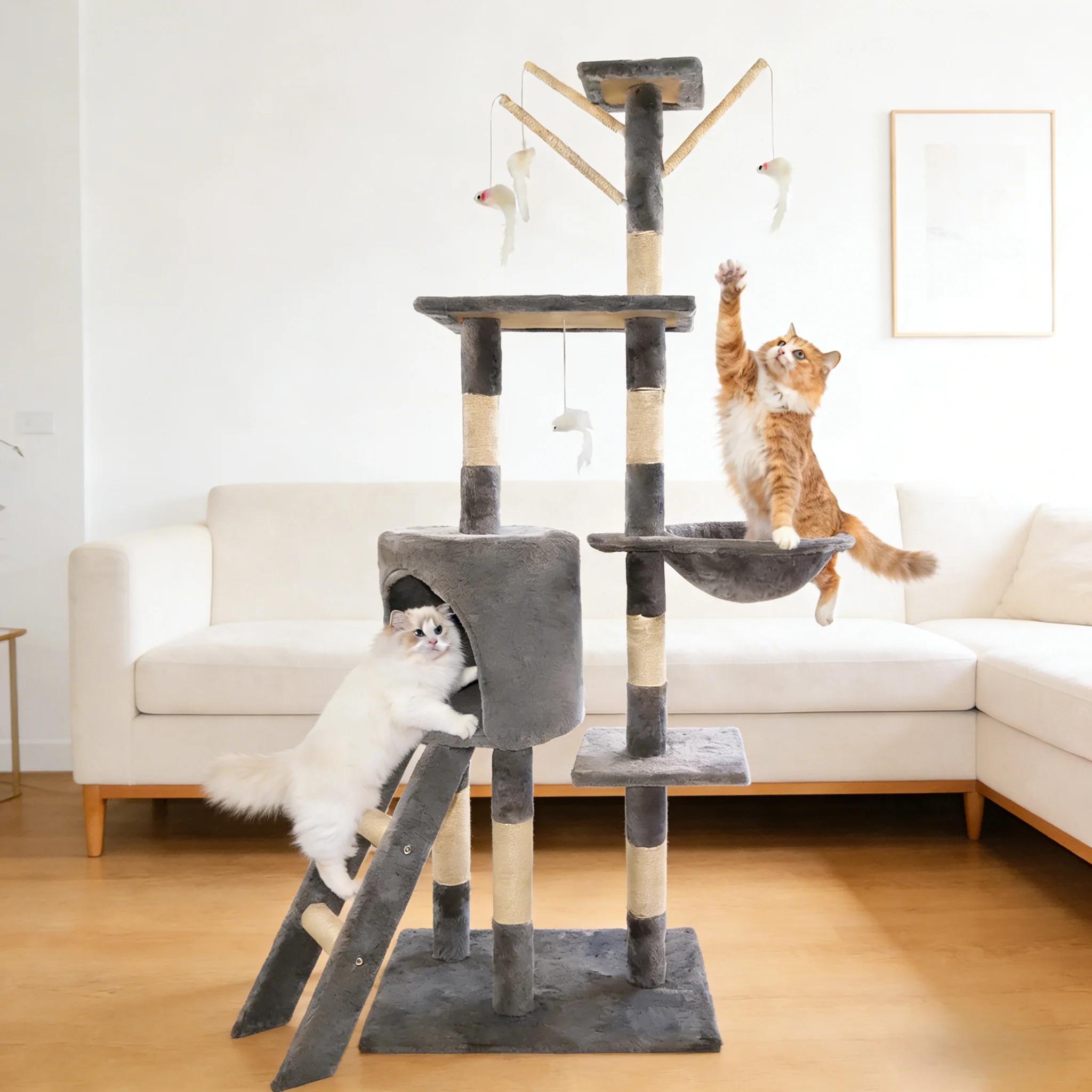 Arbre à gratter de 139 cm, tour d'escalade multi-niveaux avec maison, arbre à gratter et échelle, centre d'activités pour chatons d'intérieur, base 50x35cm