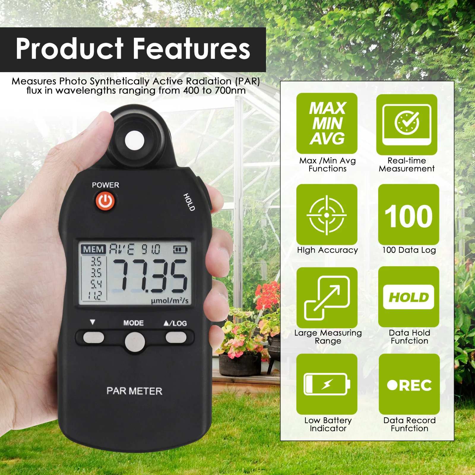 Quantum PAR Meter Full-Spectrum High Precision PPFD Tester for Photosynthetic Activity Indoor and Outdoor Plants 400-700nm Range