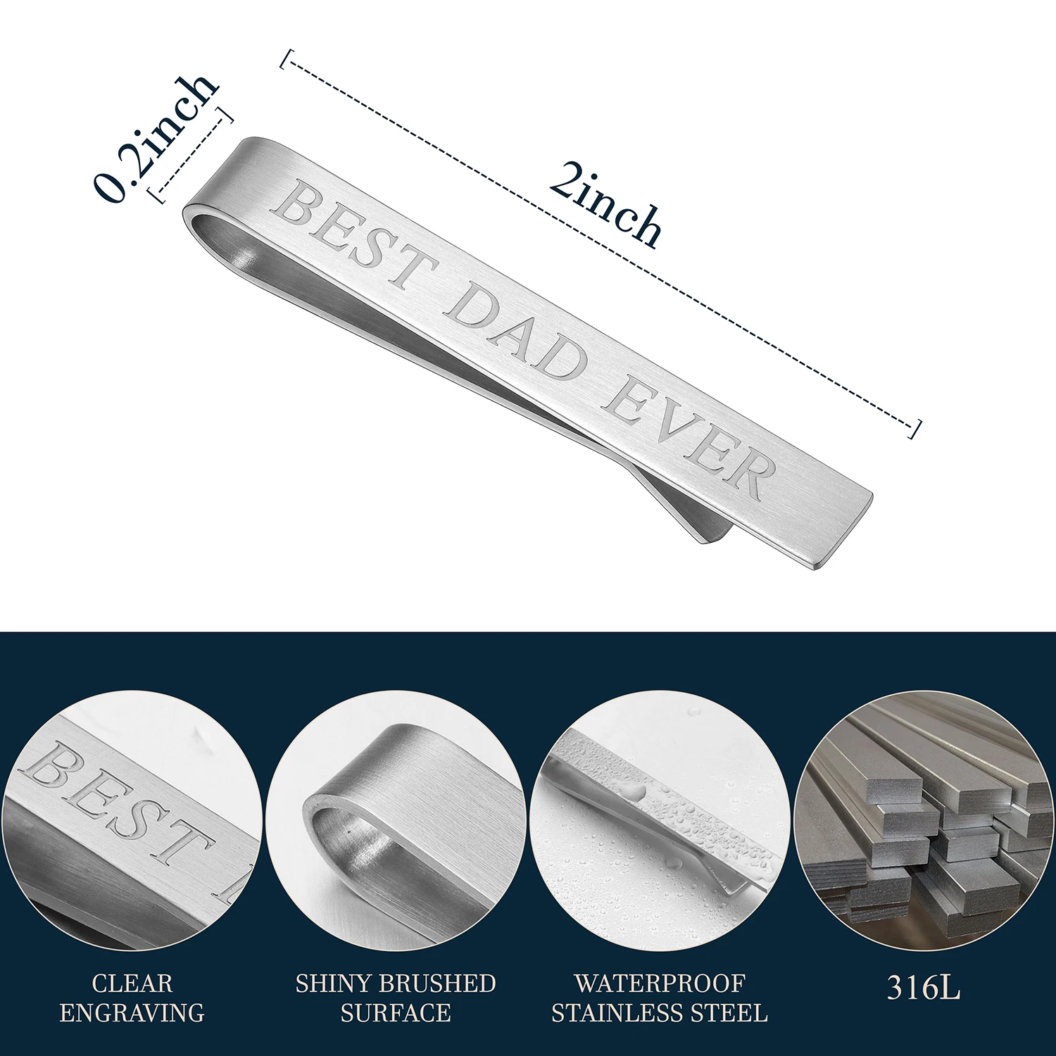 2 Inch Stainless Steel Engraved Tie Clip for Men, Best Dad Ever Father of the Bride Groom Wedding Gift Tie Bar HAWSON