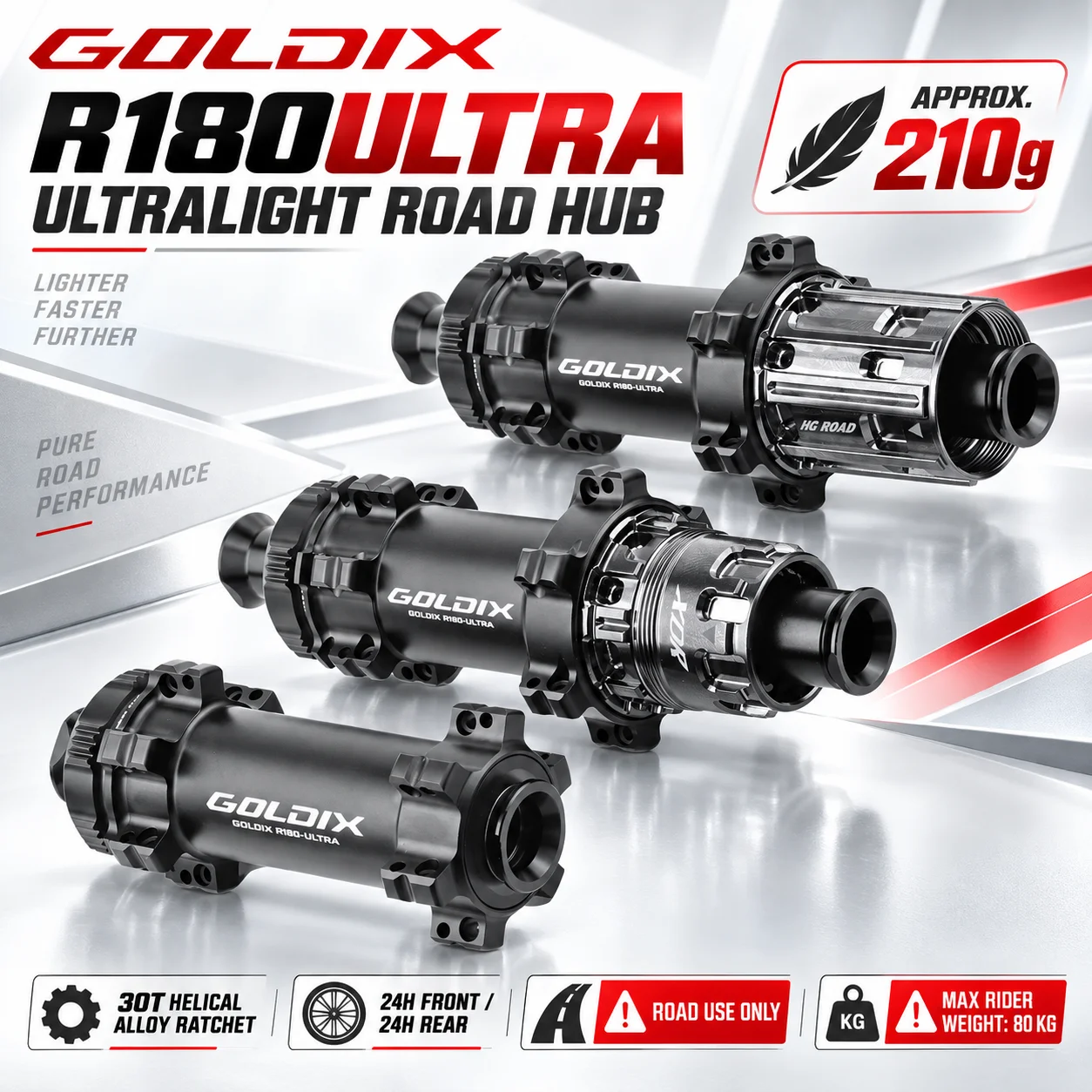 GOLDIX R180ULTRA Ultraleichte Rennradnabe 210g 24H 30T Ratsche TPI-Lager Center Lock Scheibenbremse HG XDR Freilauf Durchgangsachse Naben – Detail 1