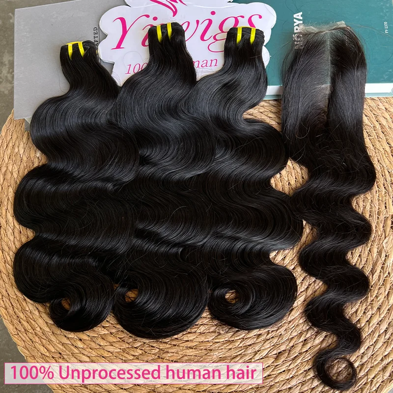 

Yiwigs Двойные пучки объемных волн с кружевной застежкой 2x6 HD 3/4 пучка плетения необработанных бразильских человеческих волос для женщин