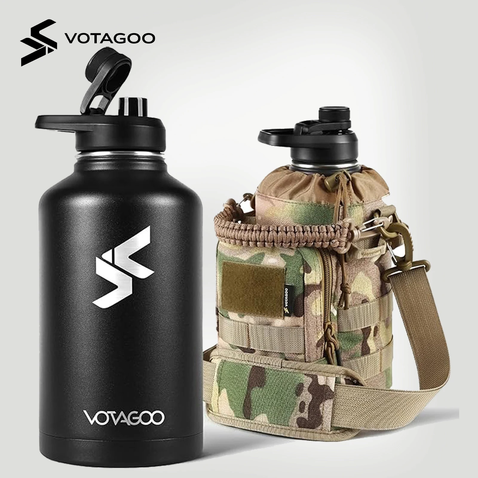 

Тактическая бутылка для воды VOTAGOO на 64 унции — изолированная бутылка для воды из нержавеющей стали в полугалоне, металлическая военная бутылка для воды