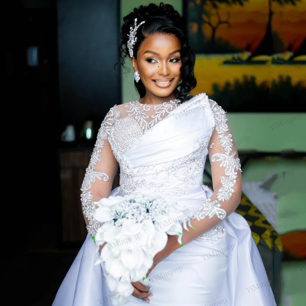 

2 In 1 African Wedding Dress For Bride Beaded Crystals Detachable Train Bride Gowns Full Sleeve vestido de novia Customized