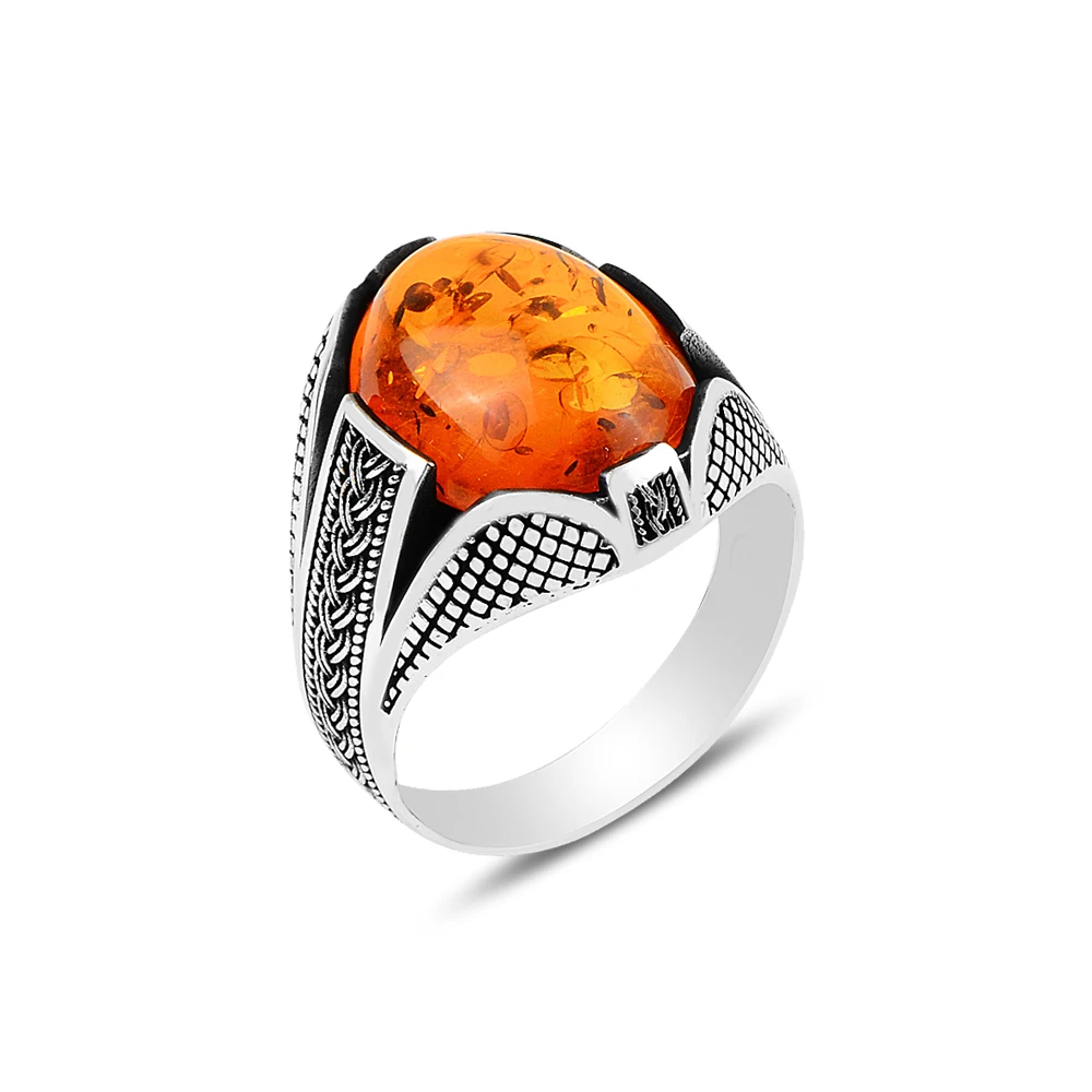 

Men Silver Amber Stone Ring Natural Amber Ring 925 Sterling Silver Men Ring Oval Gemstone Ring, Silver Vintage Ring 925k