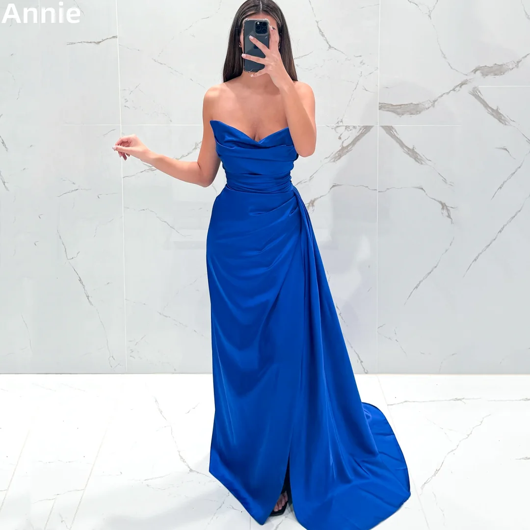 

Annie Blue Prom Dresses Плиссированные атласные вечерние платья Сексуальное вечернее платье с открытыми плечами и разрезом по бокам فساتين سهرة
