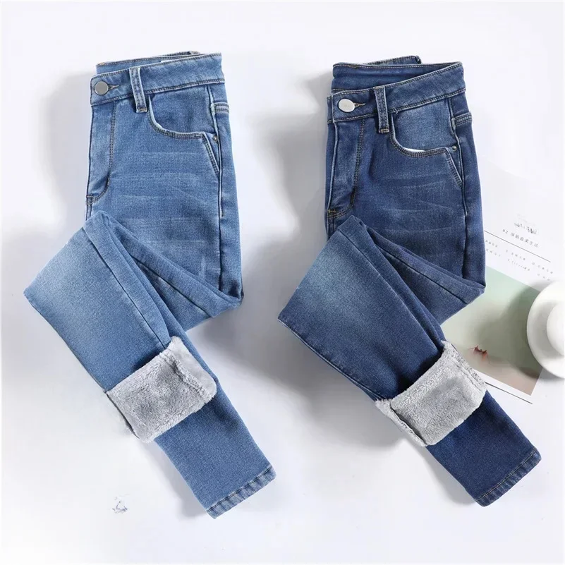 Damskie dżinsy termiczne zimowe śnieg ciepłe zagęszczone polarowe rozciągliwe obcisłe spodnie ołówkowe moda koreańskie Slim Fit aksamitne pluszowe spodnie — zdjęcie 2