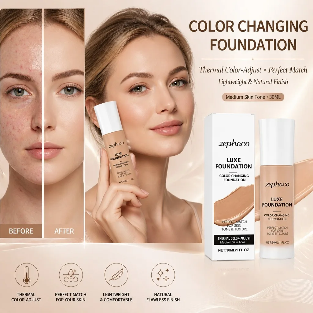 ZEPHOCO Farbwechselnde flüssige Foundation, milde Formel, leichtes und natürliches Make-up, hautfreundliche, langanhaltende, wasserfeste Kosmetik