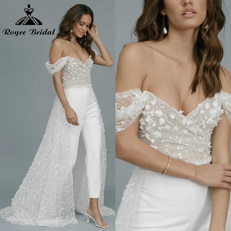 Sexy Sweetheart Lace 3D Floral Appliques Jumpsuit Wedding Dress Long Train Bridal Pants Suit Off the Shoulder Vestidos De Novia