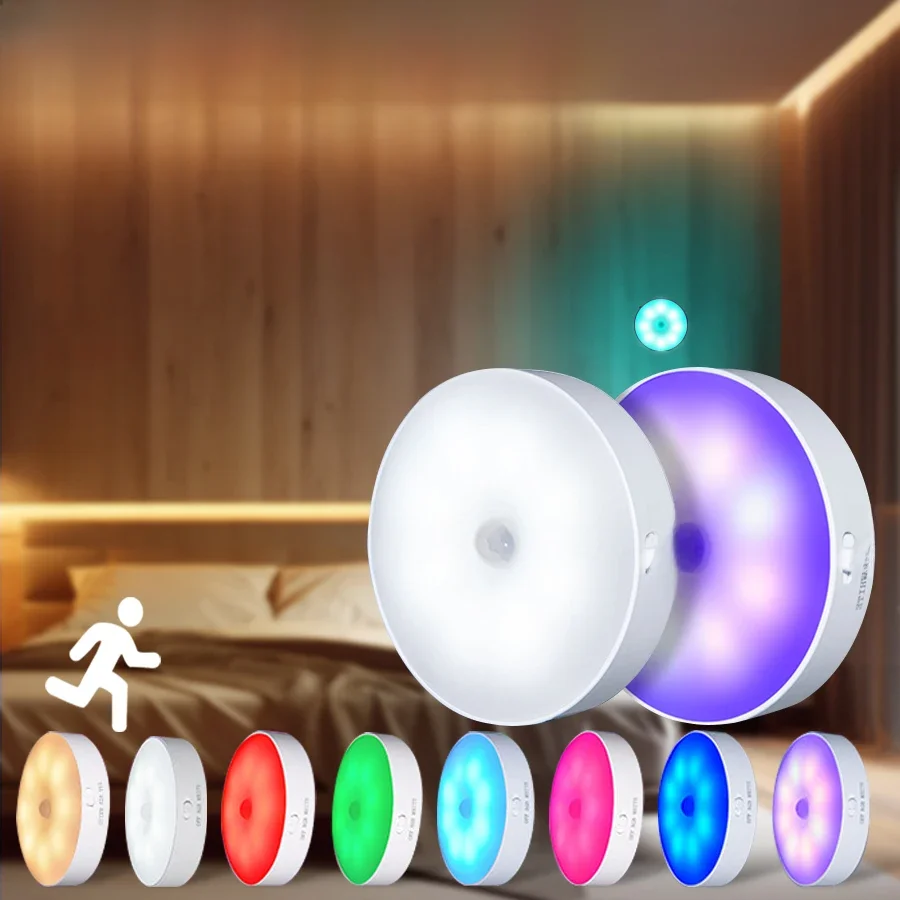 Lampka nocna LED z czujnikiem ruchu Akumulatorowa lampka nocna RGB do szafy kuchennej Podświetlenie szafy na klatce schodowej Bezprzewodowe oświetlenie szafki — zdjęcie 2