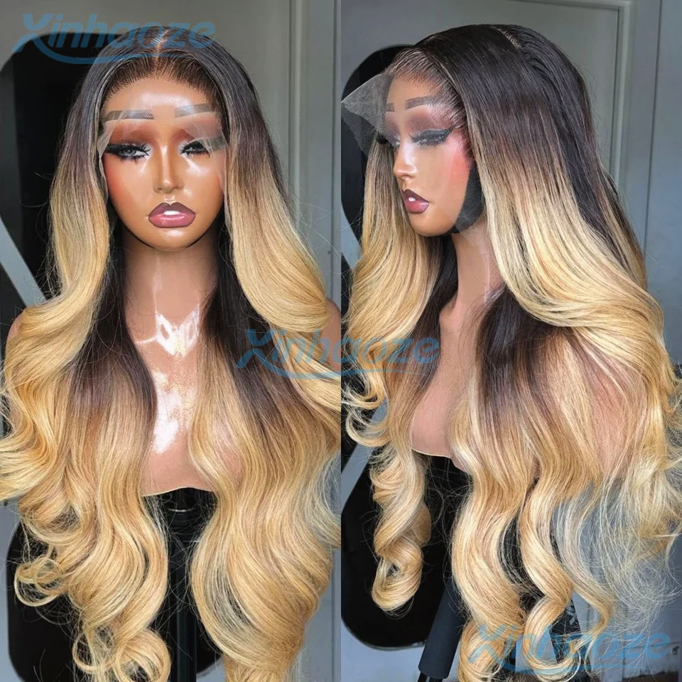 Perruques de fermeture supérieure en soie de cheveux humains blonds ombrés ondulés sans colle 5x5 # 1b/27 perruques brésiliennes pré-épilées 13x6/360 avant en dentelle