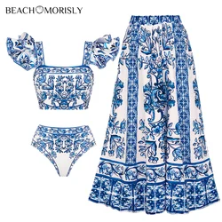 2024 New Ruffle Blue and White Porcelain Pattern Majolica Print Bikini Swimsuit and Sarong Swimwear Women Beachwear Bathing Suit