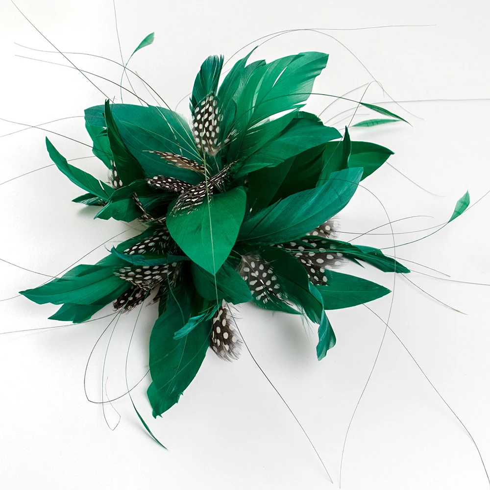 1PCS Green Feather Flower Brooch&Clip Headpiece Pin Hairclip for Ladies Plumage Accessories Fascinator Headdress With PLUMAS