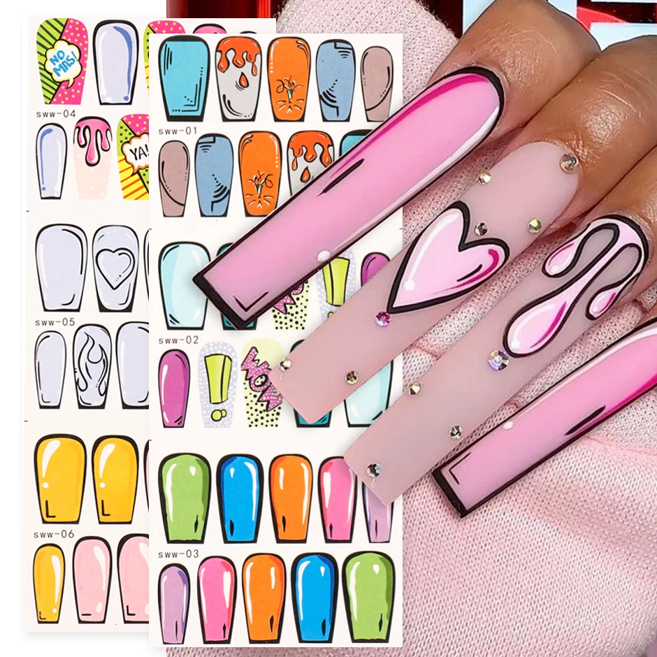 12pcs 2D Comic Graffiti Style Nail Art Sliders Pop Dimension Transfer Decals Simple Line Cartoon 2023 Creative Water Sticker SWW