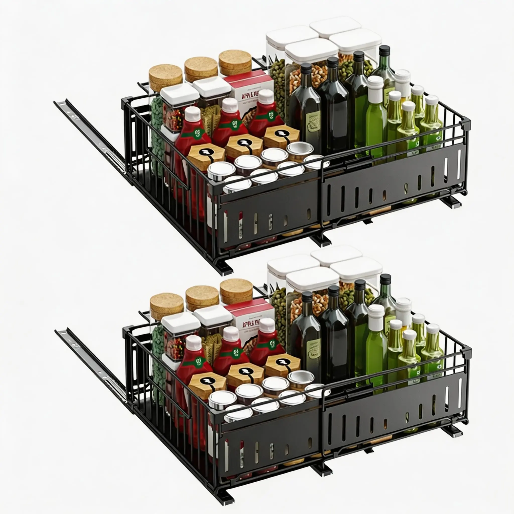 Set di 2 cassetti da cucina, altezza regolabile da 38 a 50 cm, sistema di estrazione a scorrimento fluido, installazione semplice senza attrezzi, nessuna necessità di forare, soluzione salvaspazio,