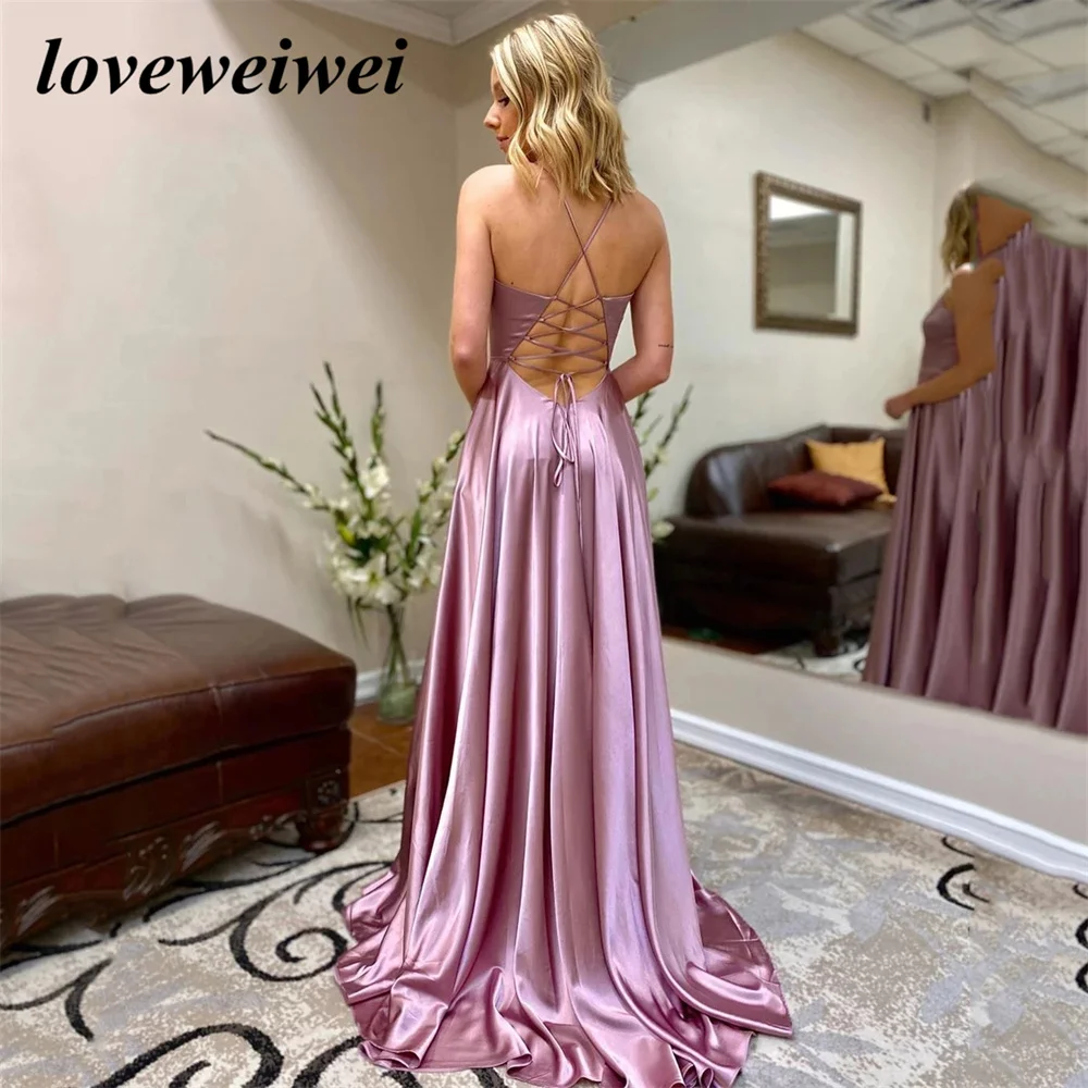 Custom Color Evening Dresses A Line Long Prom Dress V Neck Lace Up Back Spaghetti Strap Satin High Split Burgundy Evening Gowns