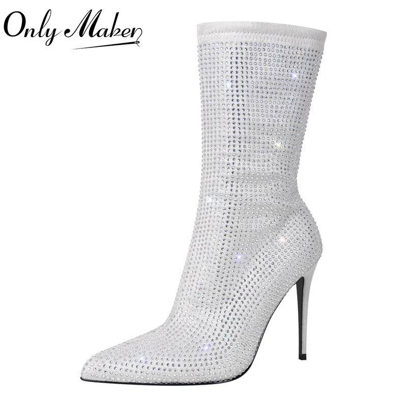 Onlymaker kobiety Poited Toe Rhinestone Ankel buty cienki wysoki obcas boczny zamek błyskawiczny modne botki