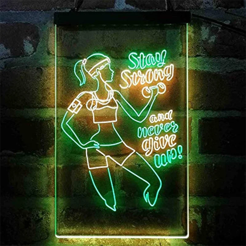 

Custom Dual Color Led Neon Sign Motivational Quote Women Gym Stay Strong Never Give Up Fitness LED Neon Light Sign