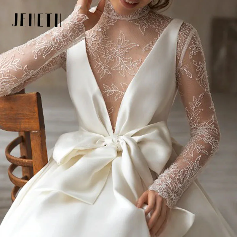 JEHETH V Neck Wedding Dresses for Women Satin Bridal Ball Gowns Lace Button Vestidos De Novia Elegant Princess Evening Dress