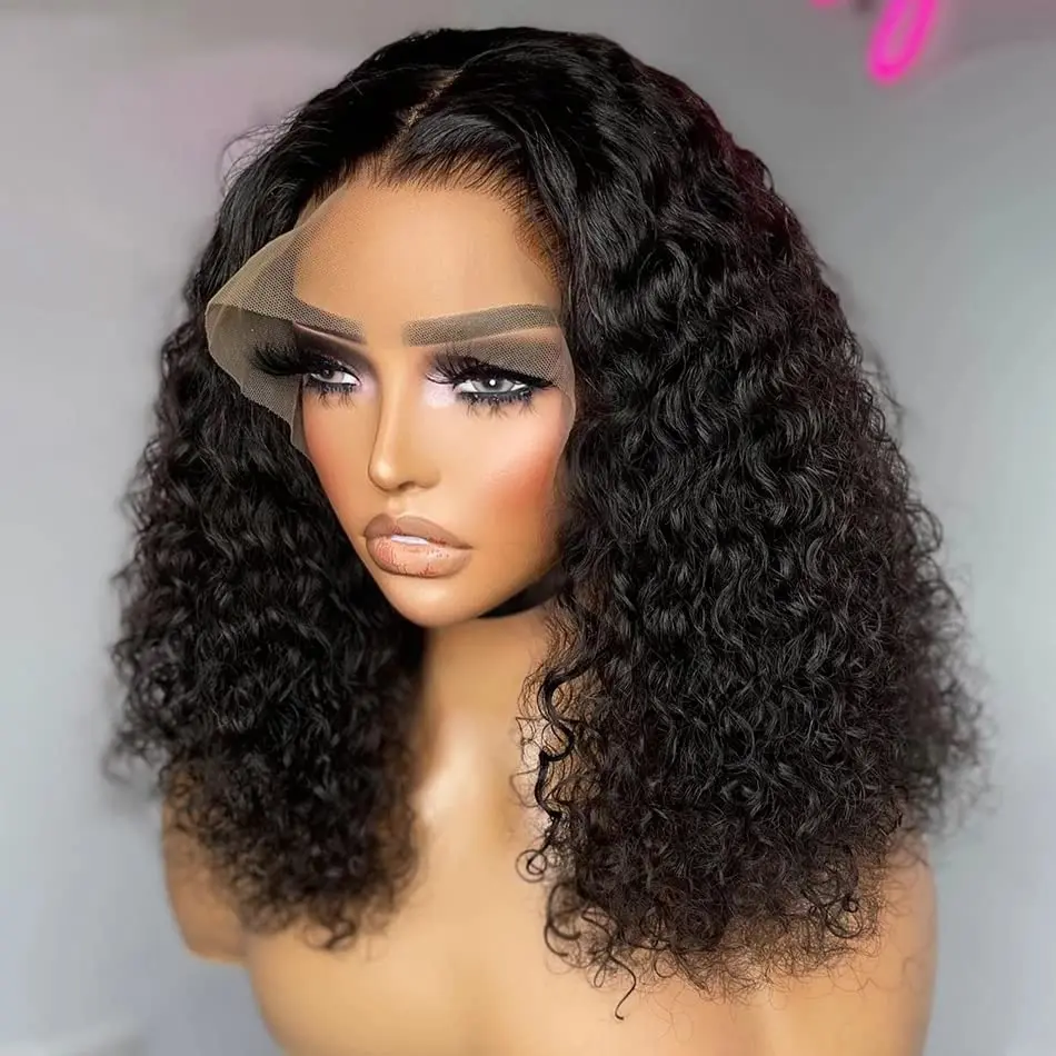 Perruque Bob Lace Front Wig naturelle bouclée, cheveux humains, 13x4, 16 pouces, pre-plucked, avec baby hair