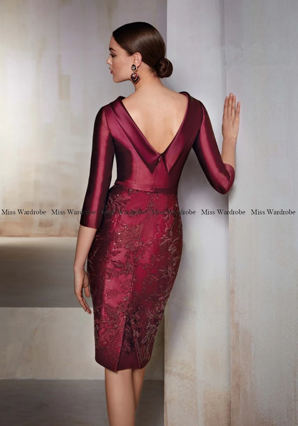 Elegant Burgundy Mother Of The Bride Dresses Lace With 3/4 Sleeves Beaded Cocktail Party Dresss Back Out Vestidos Formal 2023