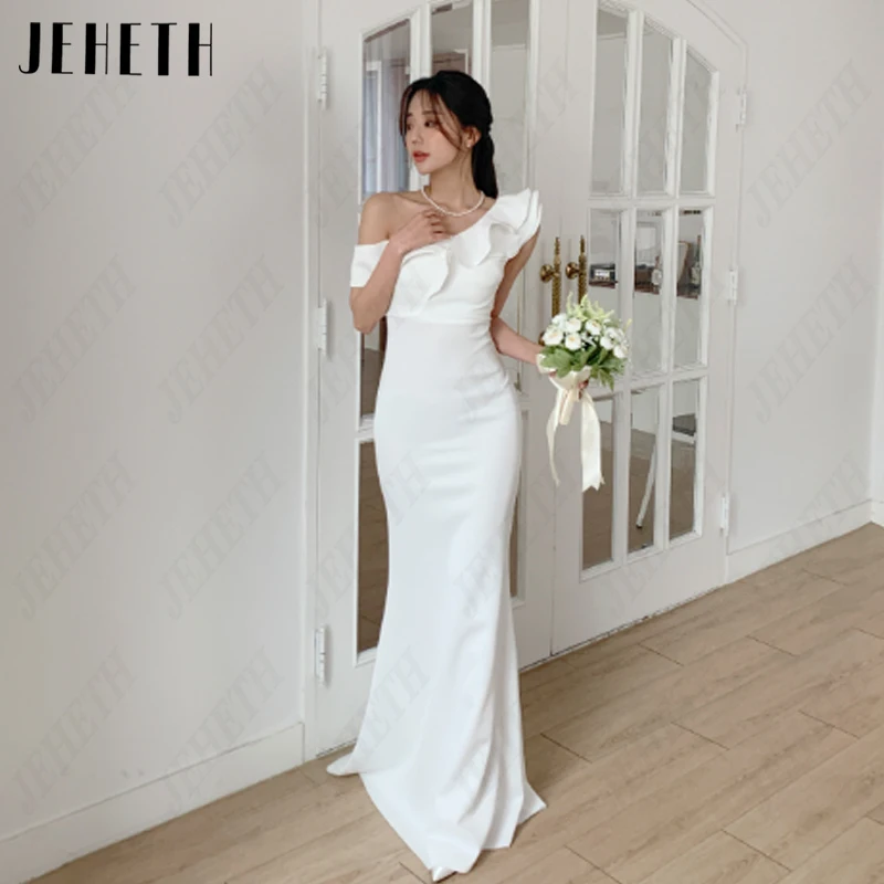 JEHETH One Shoulder Mermaid Korea Bridal Gown For Women Satin Off Shoulder Wedding Dress Vintage Pleat Sleeveless 웨딩드레스 Backless