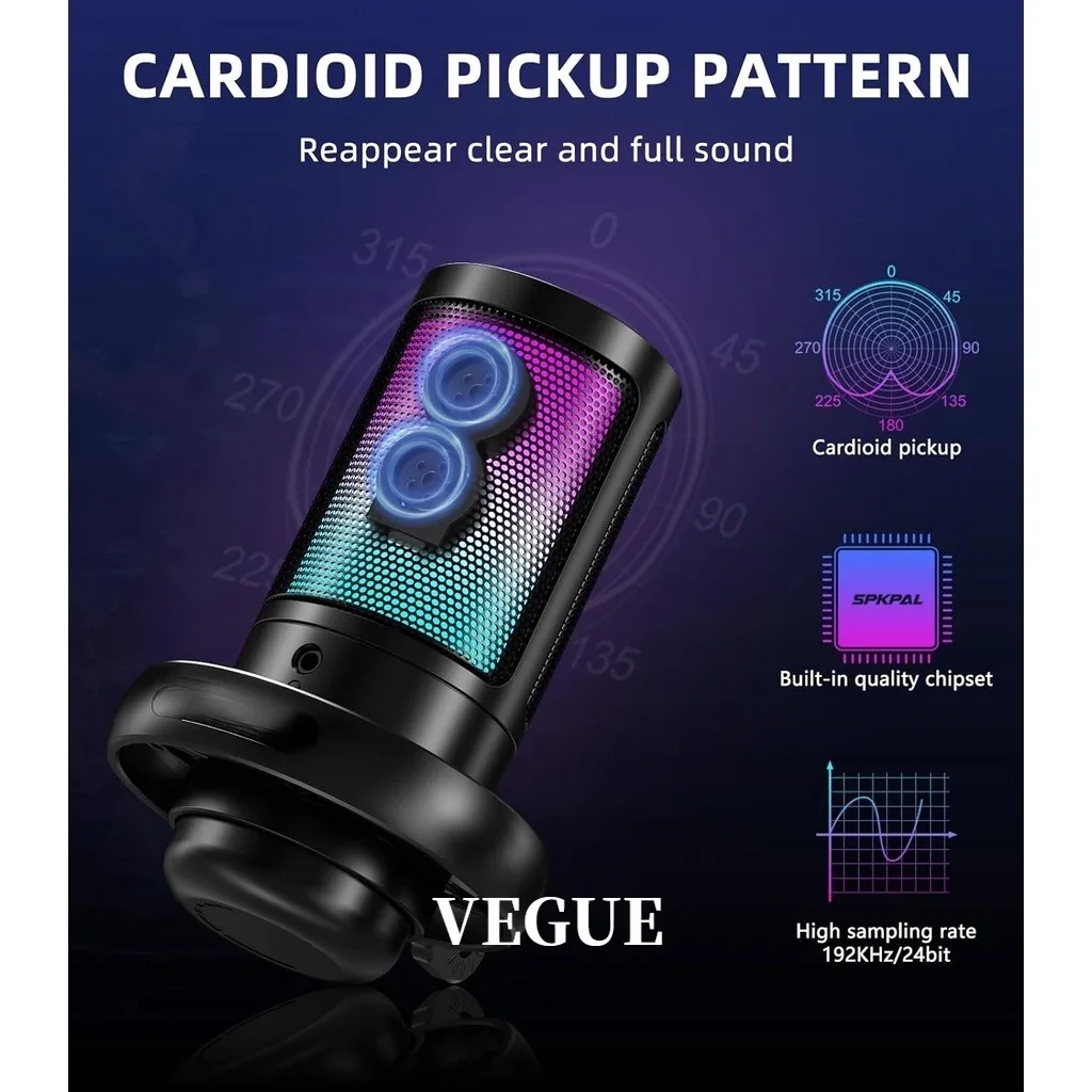 Microfone condensador USB profissional para jogos de PC, PS4/PS5/Mac/telefones celulares, com iluminação RGB legal, perfeito para gravação, l