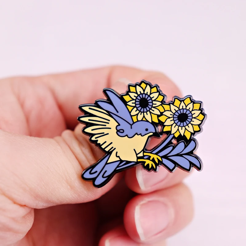 Blue Yellow Bird Sunflower Ukraine Support Enamel Pin Wildlife Beauty Mind and Spirit Metal Badge Brooches Hat Jewelry