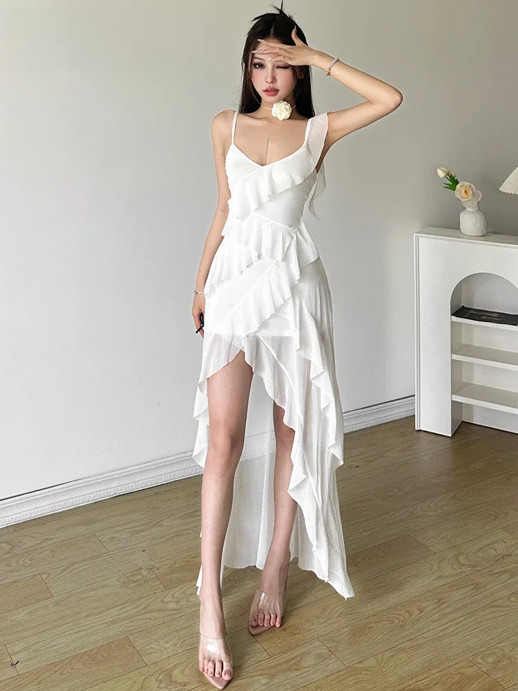 Nibber White Sweet Gentle Mature Ruffles Beautiful Summer Street Out Women'S Thin Perspective Tassel Design Long Sling Dress — zdjęcie 2