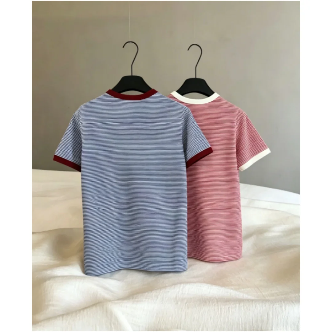 

Summer New Style Women's Fashionable Striped Stretch Color-blocked Hemmed Short-sleeved T-shirt