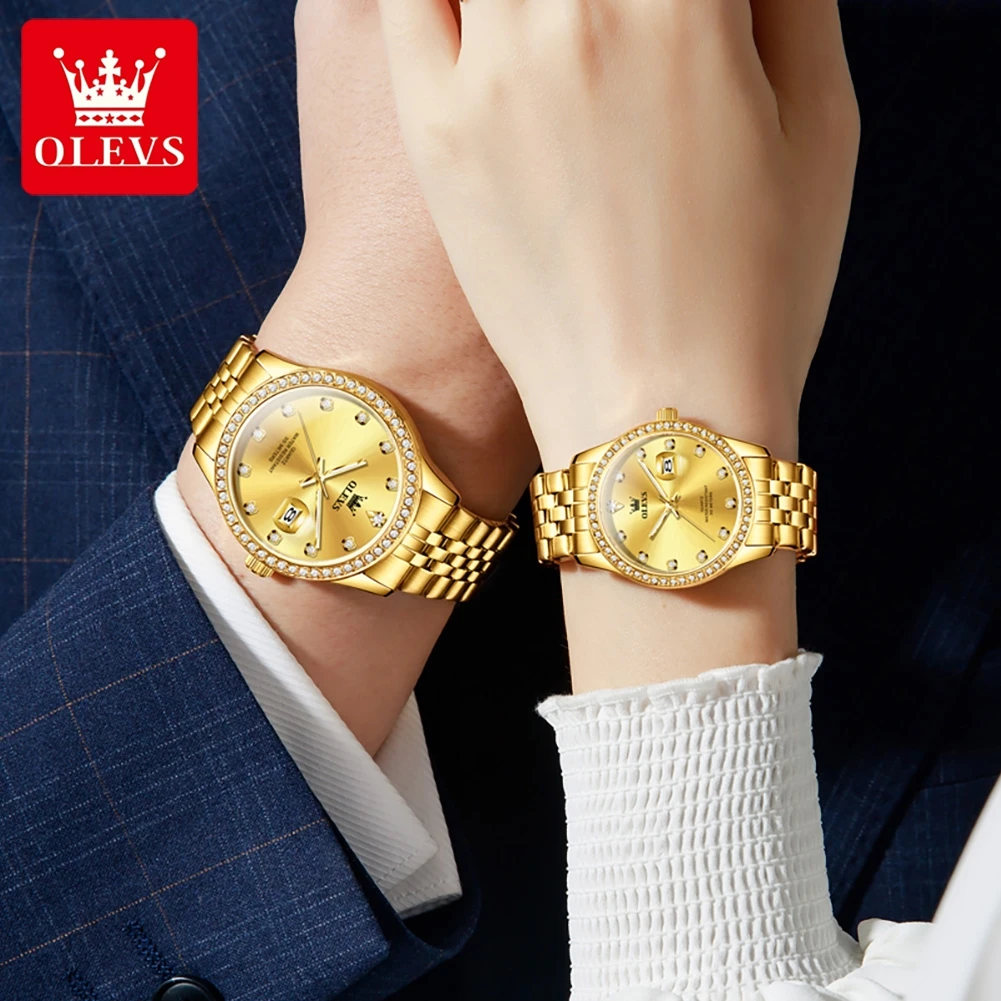 OLEVS 3629 مجموعة ساعات كوارتز فاخرة للزوجين مقاومة للماء ساعة يد مضيئة للتاريخ Reloj هدايا للأزواج