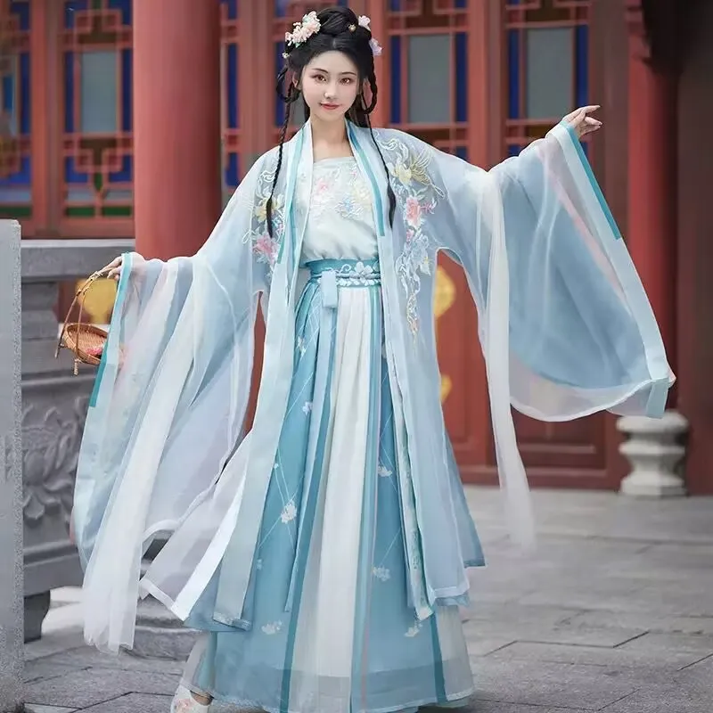 Large Size 4XL Chinese Hanfu Dress Women Carnival Halloween Fairy Cosplay Costume Ancient Hanfu Embroidery Pink&Blue 3pcs Sets