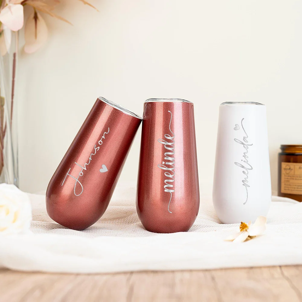 Custom Laser Engraved Script Name Metallic Gold Champagne Tumbler, Double Wall Insulated Sparkling Wine Cup for Home Bar Party.