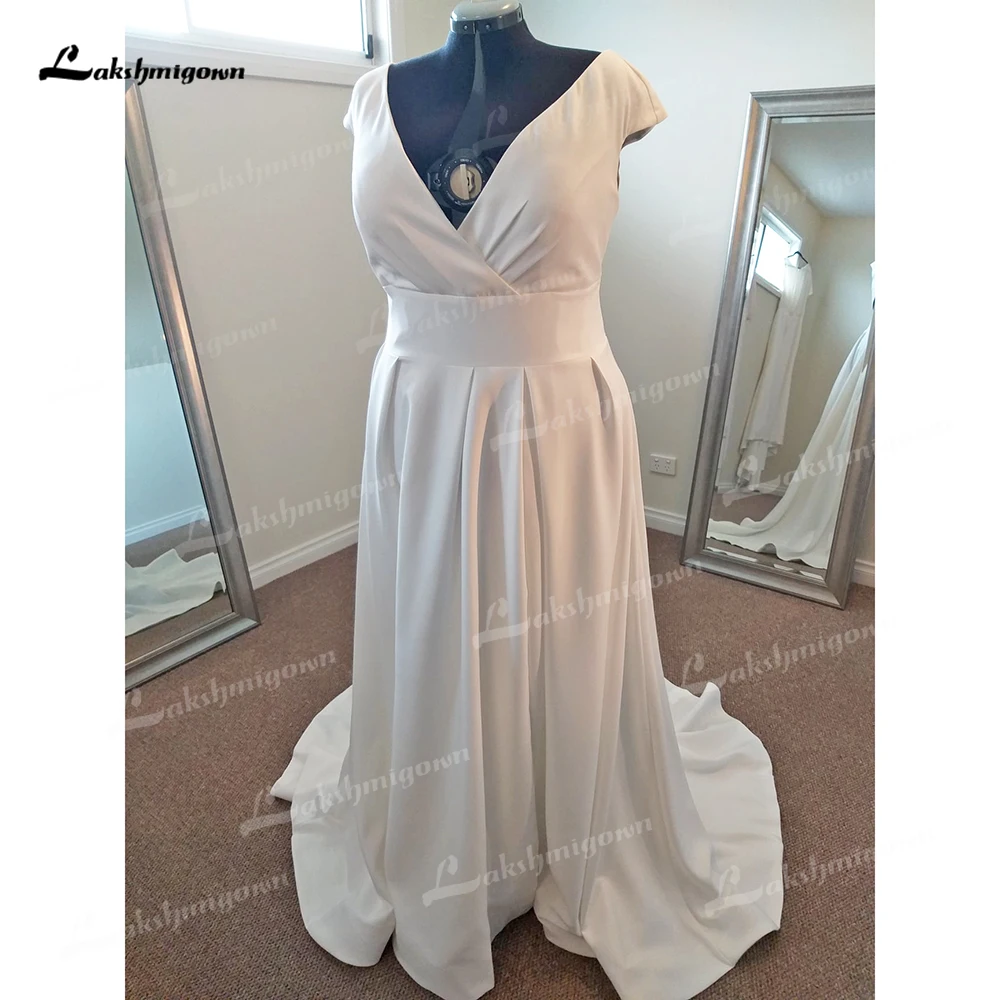 Simple Split V Neck Short Cap Sleeve Backless Belt Pleat Satin A Line Wedding Dress For Women Sexy Bride Gown Sweep Robe Vestido