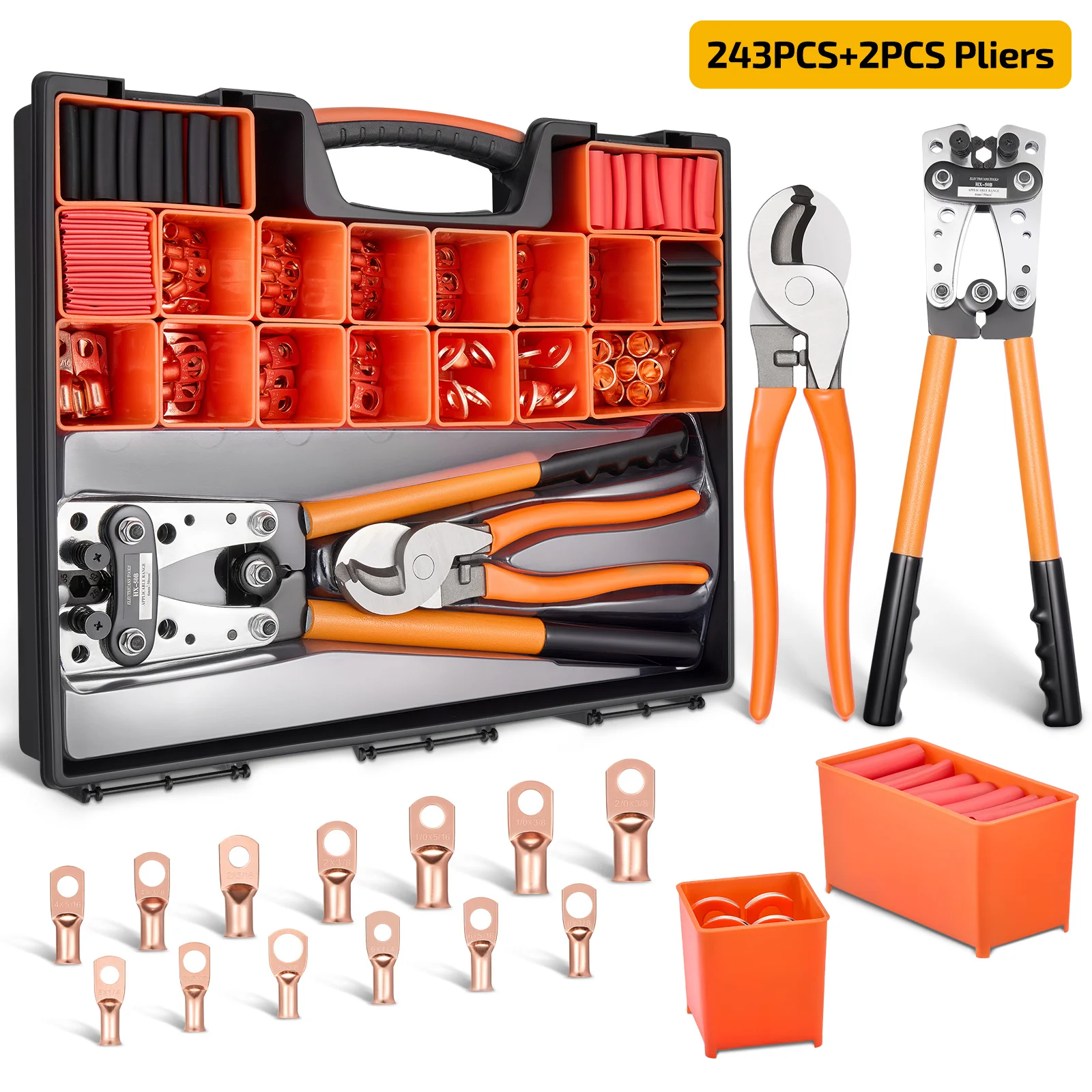 245pcs Battery Cable Ends Kit, AWG 2 4 6 8 1/0 2/0 Gauge Heavy Duty Wire Lugs, 3/8' Ring Terminal Connectors with 3:1 Heat Shrink Tube & Wire Cutter
