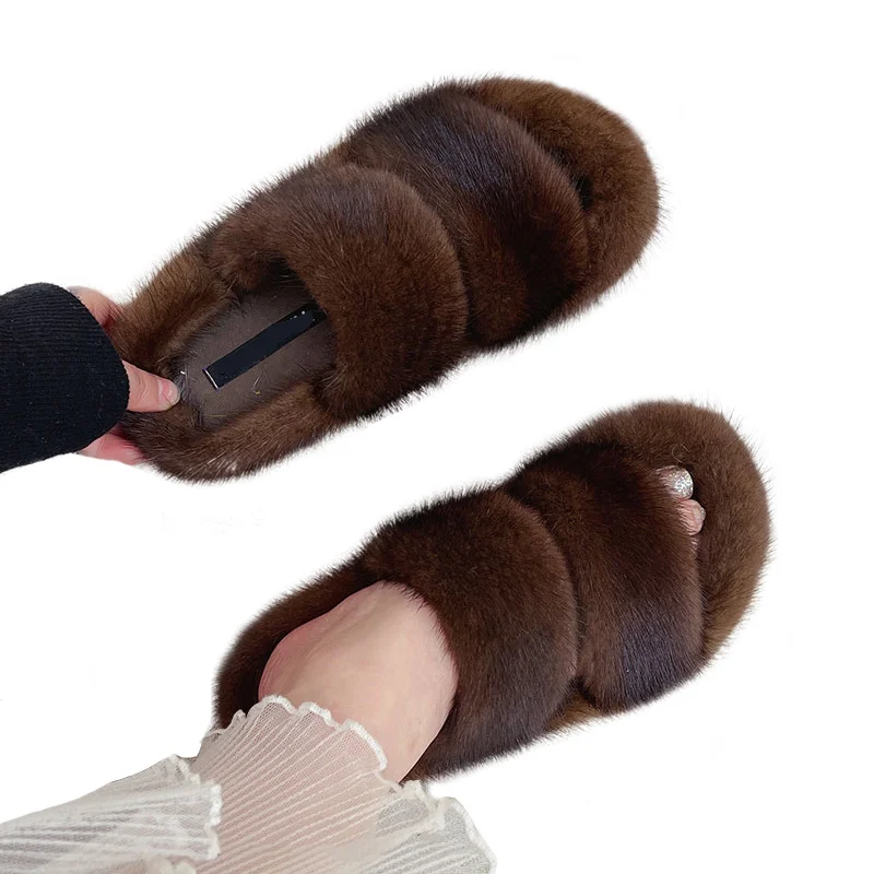 Winter Warm Slippers Mink Slippers Women Real Fur Slippers Outdoor Flat Female Fashion Ladies Designer Shoes For Women 2024