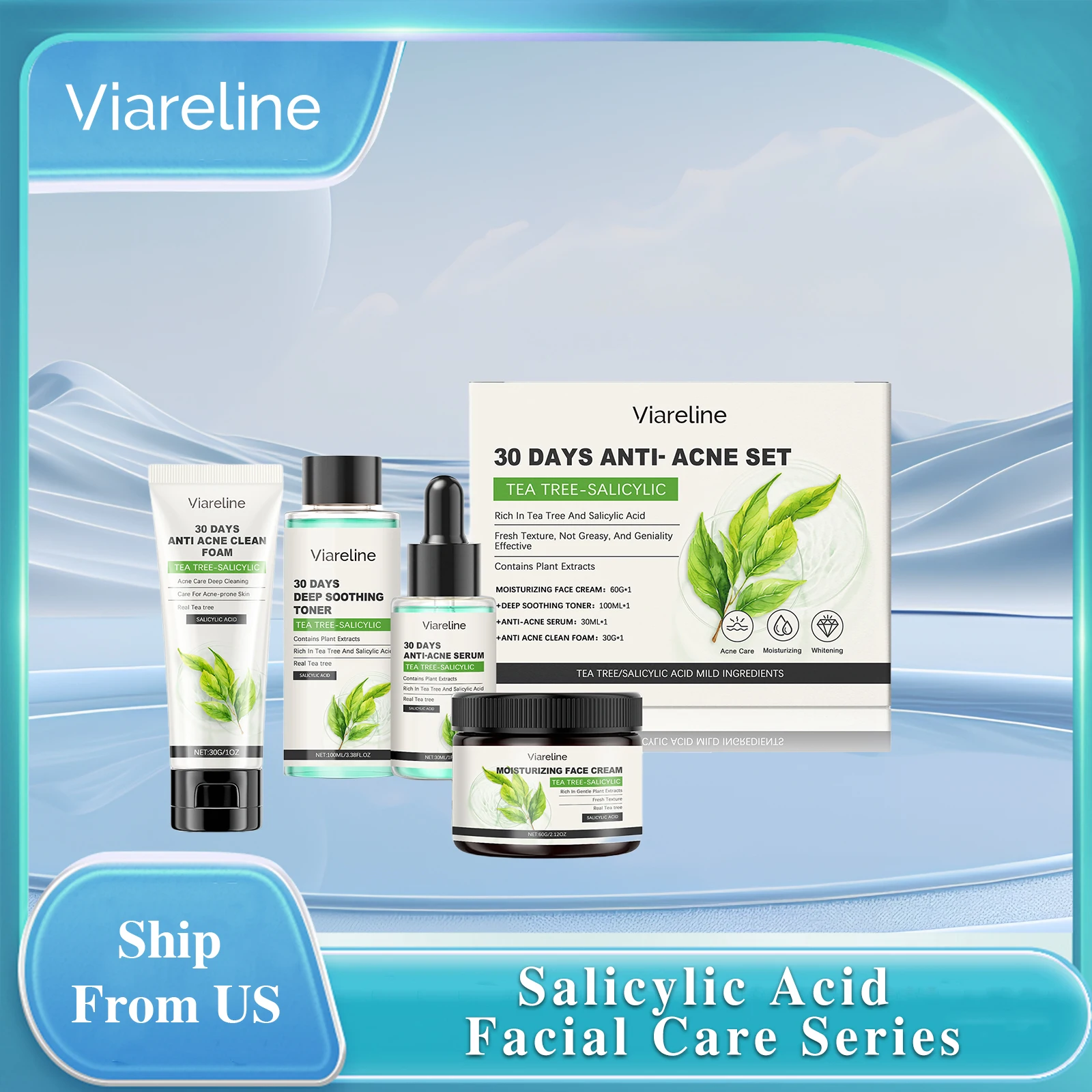 

Viareline Anti Acne Facial Care Set Nourish Skin Clean Pores Remove Pimple Oil Control Tender Skin Shrink Pores Smooth Face Care