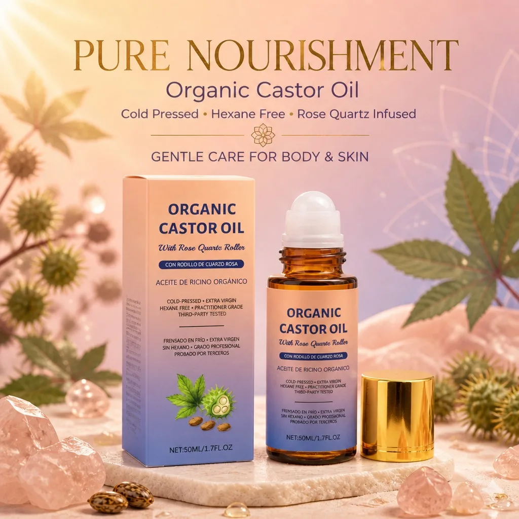 Organic Castor Oil Roller with Rose Quartz Roller Cold Pressed Hexane Free Moisturizing Body Skin Care Oil 50ml