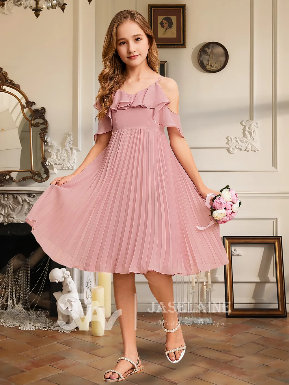 A Elegant A-Line Cold Shoulder Knee-Length Chiffon Junior Bridesmaid Dress Flower Girl Dress Girls Party Wedding Formal Special