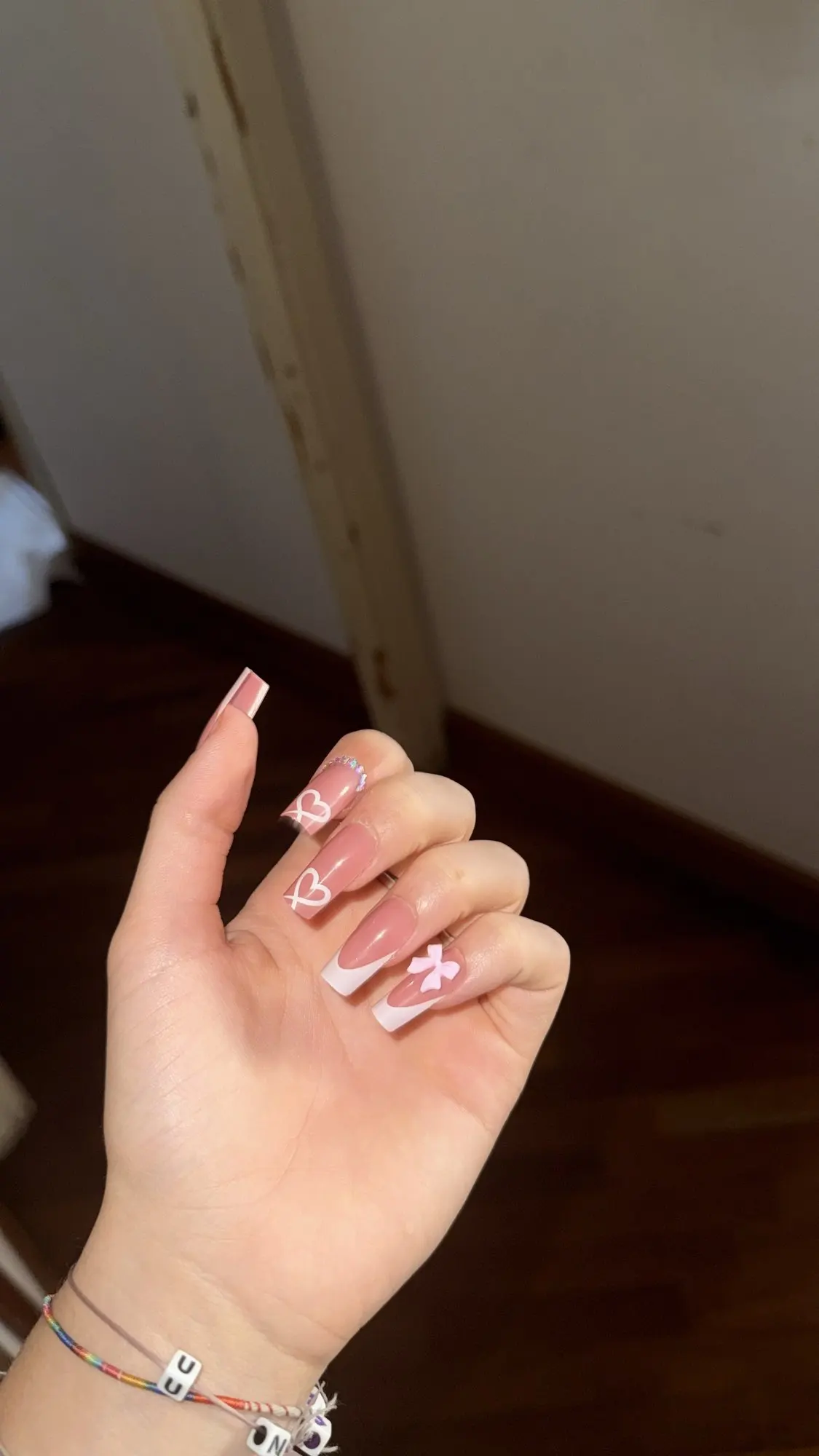 Chic Bows Tie Adorned Press On Nails Medium Long False Nails Full Cover Glossy Nude Square Acrylic False Nails Drop Shipping photo review