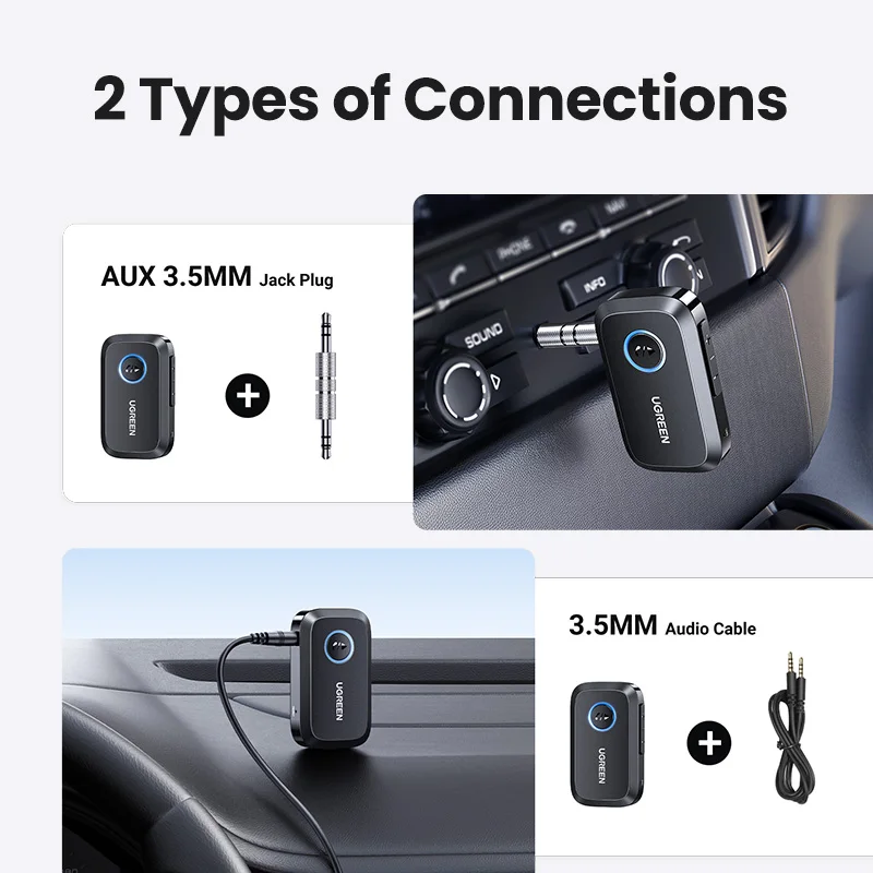 UGREEN-Adaptador de receptor de coche con Bluetooth 3,5, conector auxiliar de 5,3mm para altavoces de coche, receptor de música y Audio, manos libres