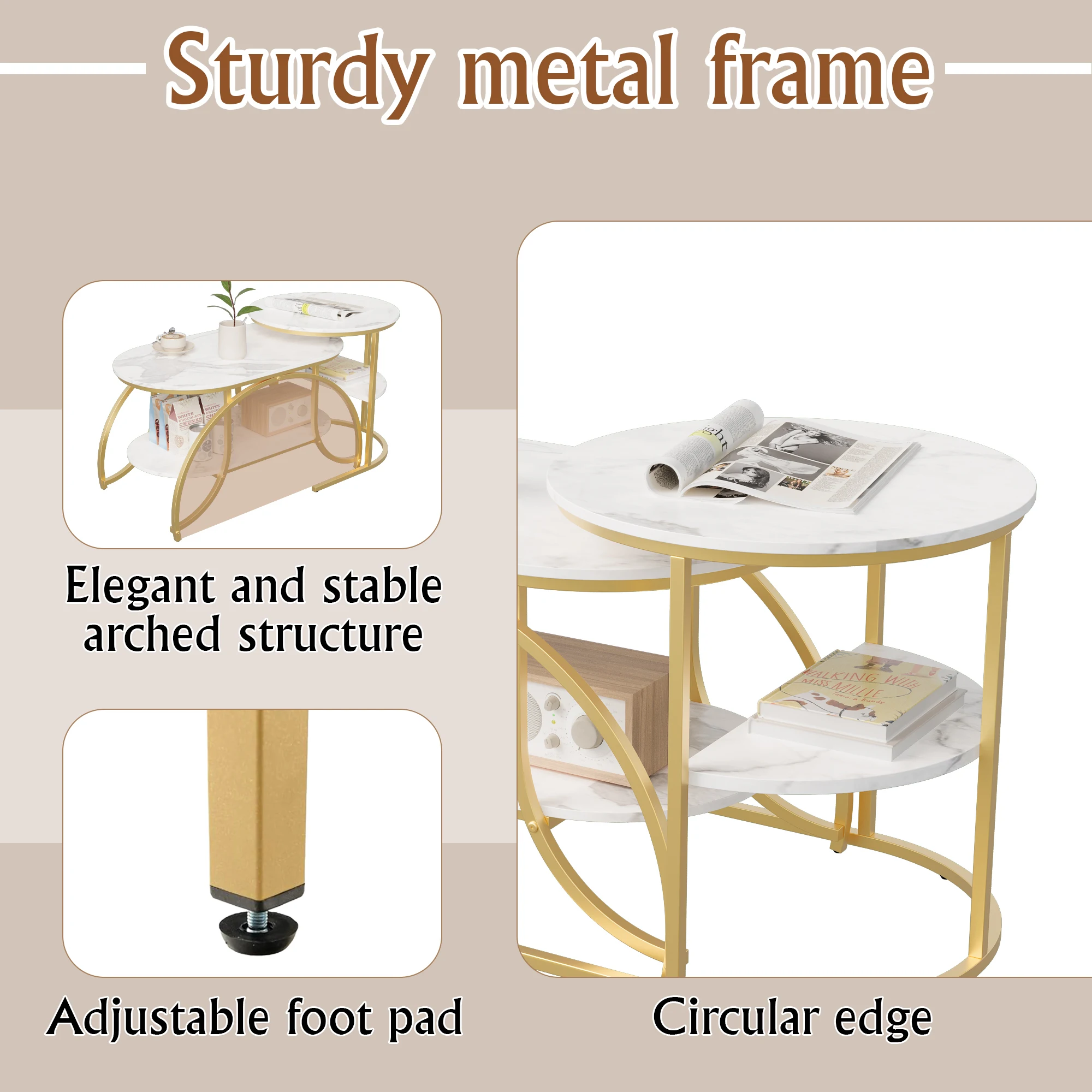 Zweiteiliges Couchtisch-Set, Runde und Ovale Beistelltische, Marmortextur, Metallrahmen, Wohnzimmer-Couchtisch, Stapelbar – Detail 5